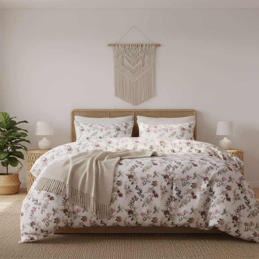 Floral bedding set on a bed in a bright room with curtains. Unite Arab Emirates, Dubai, Abu Dhabi