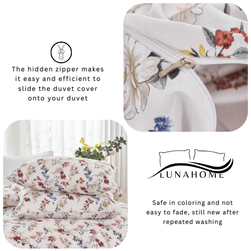 King size 6 - piece trendy red floral duvet cover set, white color. - BusDeals