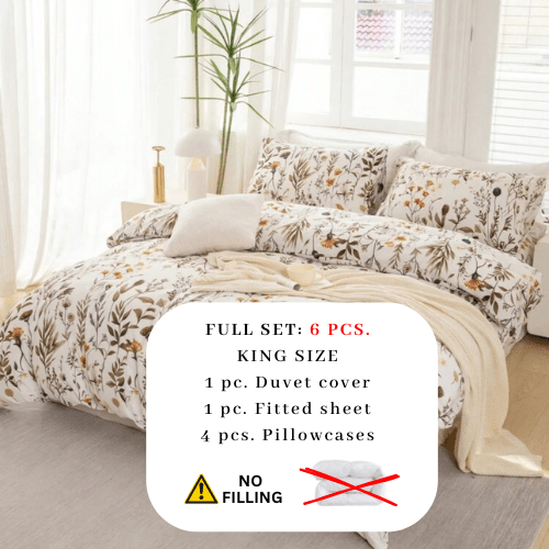 King size 6 pieces bedding set, featuring a beautiful orange and brown floral design. - BusDeals