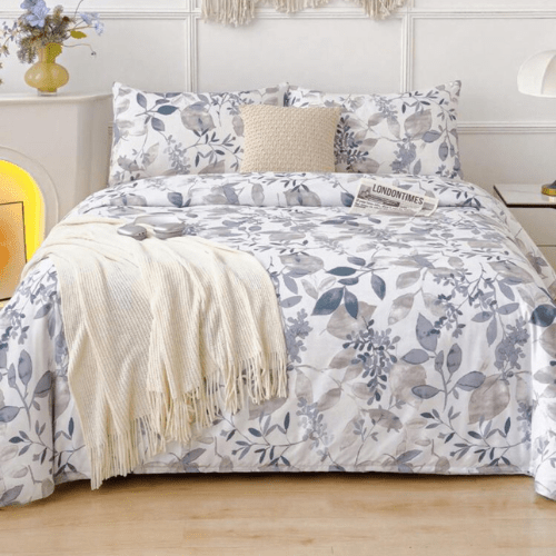 King size 6 pieces bedding set, grey and blue leaf floral pattern soft skin frendly duvet cover set. - BusDeals