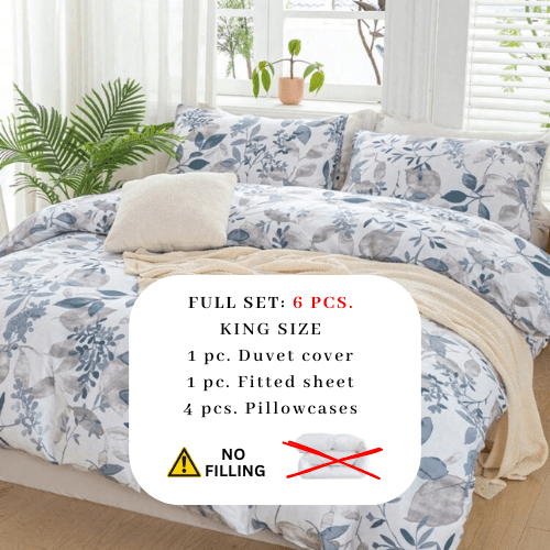 King size 6 pieces bedding set, grey and blue leaf floral pattern soft skin frendly duvet cover set. - BusDeals