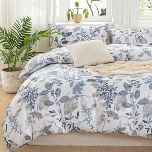 King size 6 pieces bedding set, grey and blue leaf floral pattern soft skin frendly duvet cover set. - BusDeals