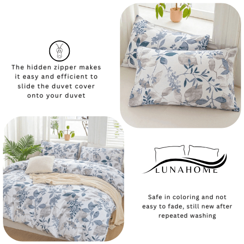 King size 6 pieces bedding set, grey and blue leaf floral pattern soft skin frendly duvet cover set. - BusDeals