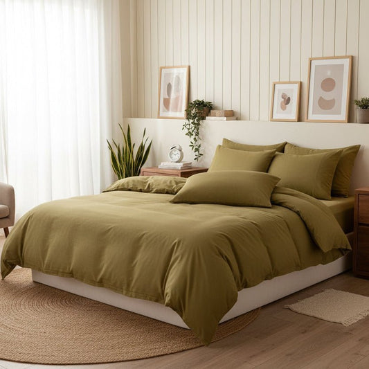 King size 6 Pieces bedding Set, Super Soft Wrinkles fabric Washable Cotton, Khaki Color. - BusDeals