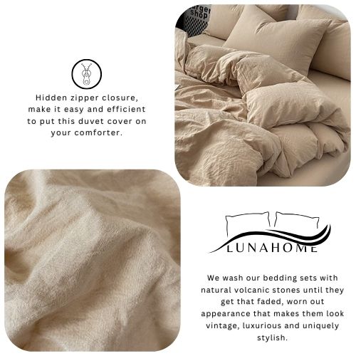 King size 6 Pieces bedding Set, Washable Cotton Beige Color. - BusDeals