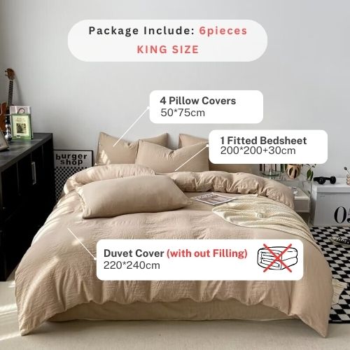 King size 6 Pieces bedding Set, Washable Cotton Beige Color. - BusDeals