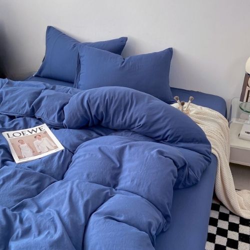 King size 6 Pieces bedding Set, Washable Cotton Blue Color. - BusDeals