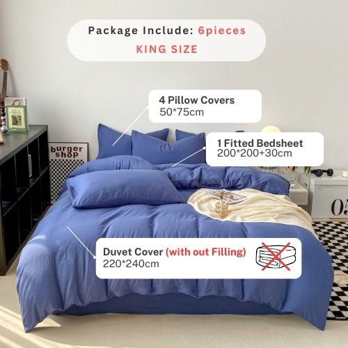King size 6 Pieces bedding Set, Washable Cotton Blue Color. - BusDeals