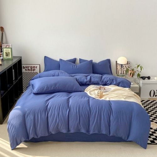 King size 6 Pieces bedding Set, Washable Cotton Blue Color. - BusDeals