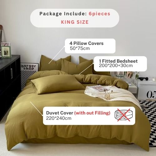 King size 6 Pieces bedding Set, Washable Cotton Khaki Color. - BusDeals