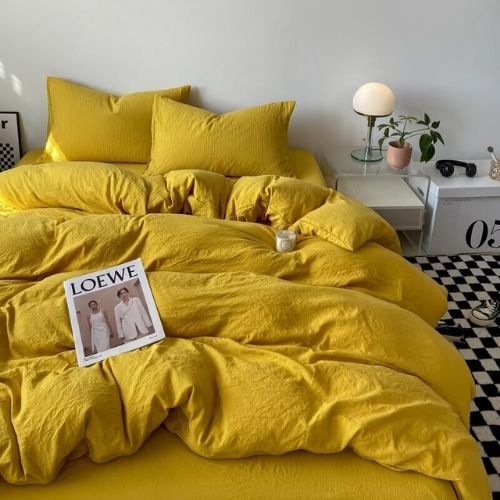 King size 6 Pieces bedding Set, Washable Cotton Yellow Color. - BusDeals