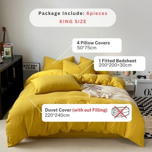 King size 6 Pieces bedding Set, Washable Cotton Yellow Color. - BusDeals
