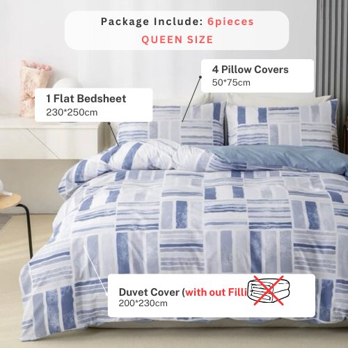 King size 6 pieces Bedding Set without filler, Blue Geometric Design - BusDeals