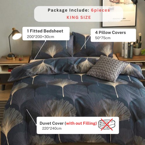 King size 6 pieces Bedding Set without filler, Elegant Leaves Design - BusDeals