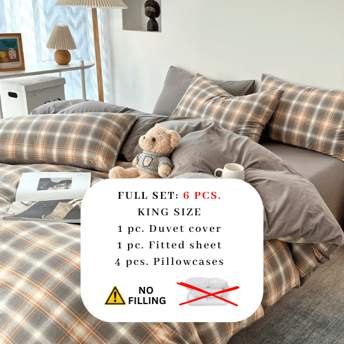 King Size 6 pieces complete bedding set, Brown Checkered Design. - BusDeals
