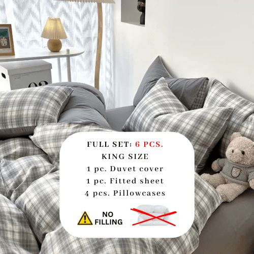 King Size 6 pieces complete bedding set, Grey Checkered Design. - BusDeals