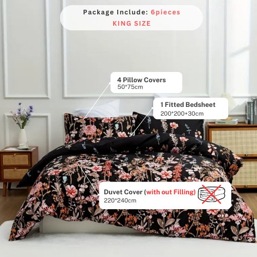 King Size 6 pieces, duvet cover set, black color floral design. - BusDeals
