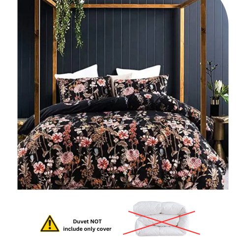 King Size 6 pieces, duvet cover set, black color floral design. - BusDeals