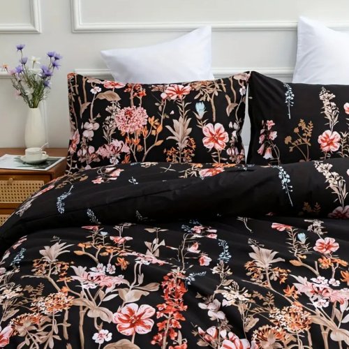 King Size 6 pieces, duvet cover set, black color floral design. - BusDeals