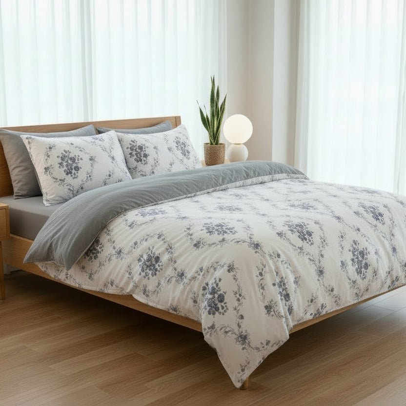 King size 6 pieces Duvet Cover Set, Bohemian with Blue Flowers Design - BusDeals