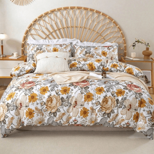 King size 6 pieces duvet cover set, brown floral pattern, boho style. - BusDeals