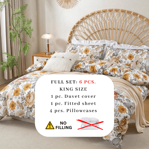 King size 6 pieces duvet cover set, brown floral pattern, boho style. - BusDeals