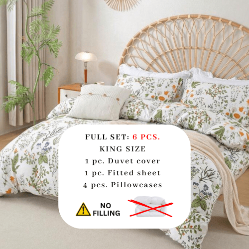 King size 6 pieces duvet cover set, plant pattern with yellow floral design. - BusDeals