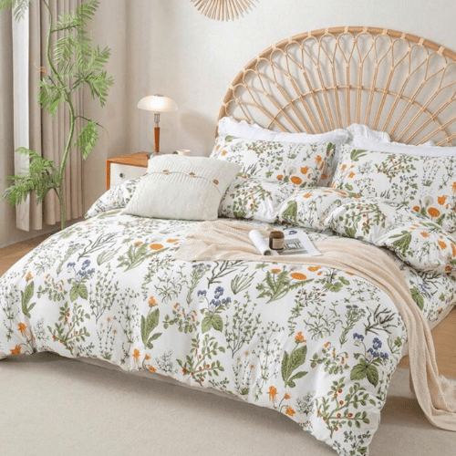 King size 6 pieces duvet cover set, plant pattern with yellow floral design. - BusDeals