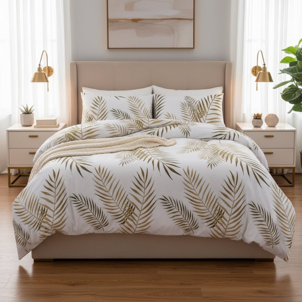 King Size 6 pieces, duvet cover set, white with gold leaves pattern. - BusDeals