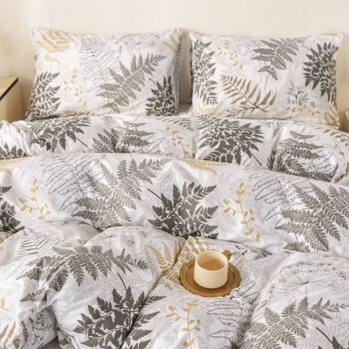 King size 6 pieces duvet cover set with brown leaf pattern. - BusDeals