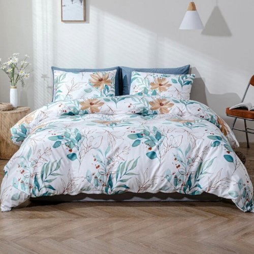 King size 6 pieces, Leaves design pearl white color, Bedding Set - BusDeals