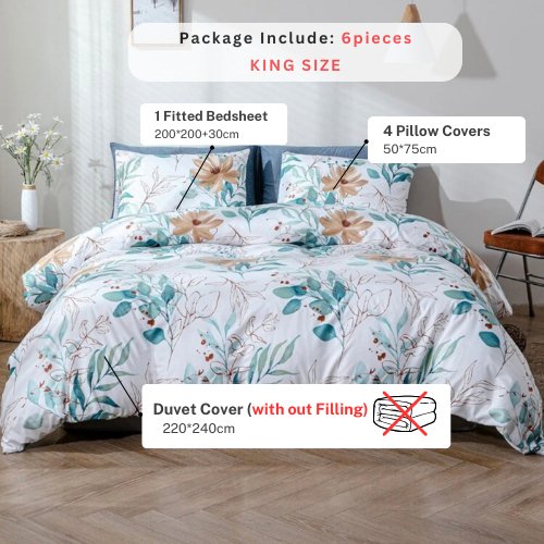King size 6 pieces, Leaves design pearl white color, Bedding Set - BusDeals