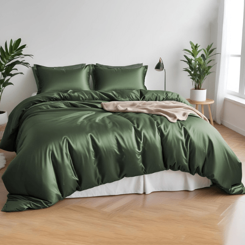 King Size 6 Pieces Premium Bamboo Satin Silky Duvet Cover set, Green color. - BusDeals