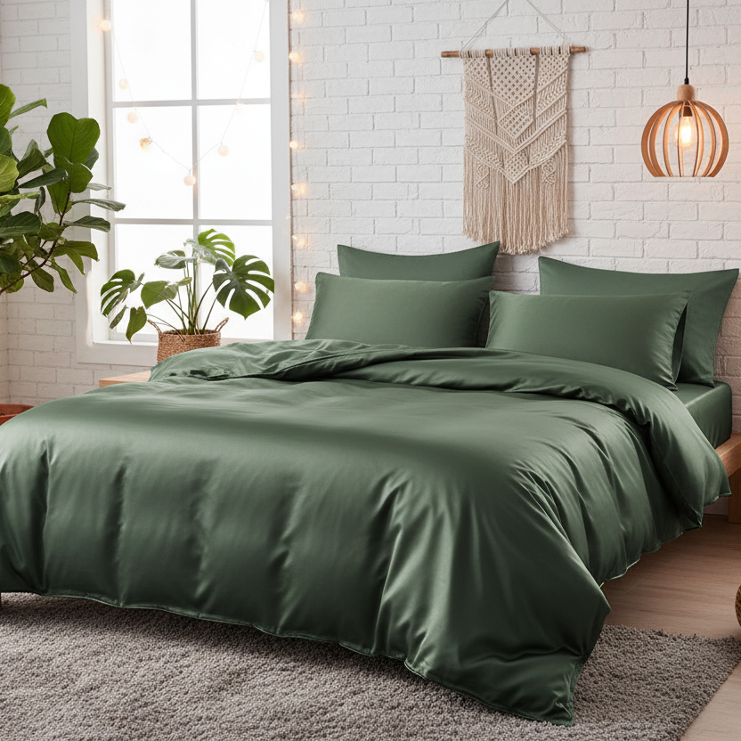King Size 6 Pieces Premium Bamboo Satin Silky Duvet Cover set, Green color. - BusDeals