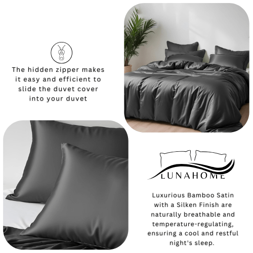 King Size 6 Pieces Premium Bamboo Satin Silky Duvet Cover set, Grey color. - BusDeals
