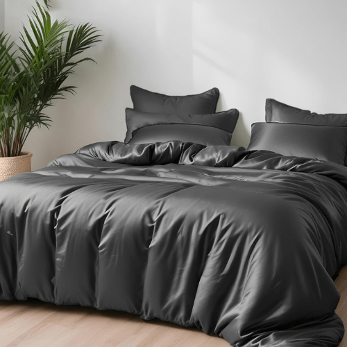 King Size 6 Pieces Premium Bamboo Satin Silky Duvet Cover set, Grey color. - BusDeals