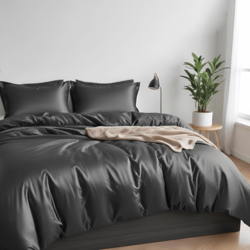 King Size 6 Pieces Premium Bamboo Satin Silky Duvet Cover set, Grey color. - BusDeals