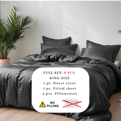 King Size 6 Pieces Premium Bamboo Satin Silky Duvet Cover set, Grey color. - BusDeals