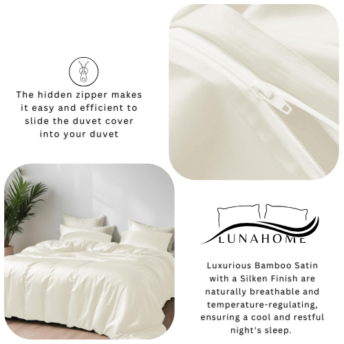 King Size 6 Pieces Premium Bamboo Satin Silky Duvet Cover set, Ivory color. - BusDeals