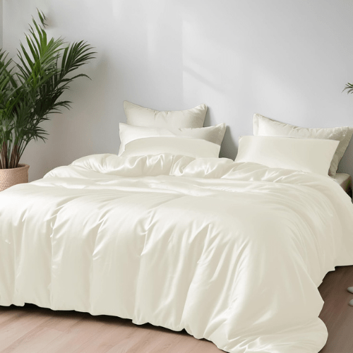 King Size 6 Pieces Premium Bamboo Satin Silky Duvet Cover set, Ivory color. - BusDeals