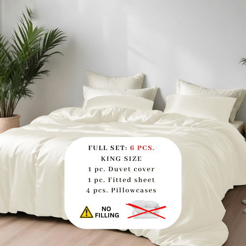 King Size 6 Pieces Premium Bamboo Satin Silky Duvet Cover set, Ivory color. - BusDeals