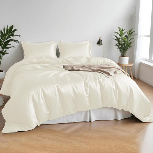King Size 6 Pieces Premium Bamboo Satin Silky Duvet Cover set, Ivory color. - BusDeals