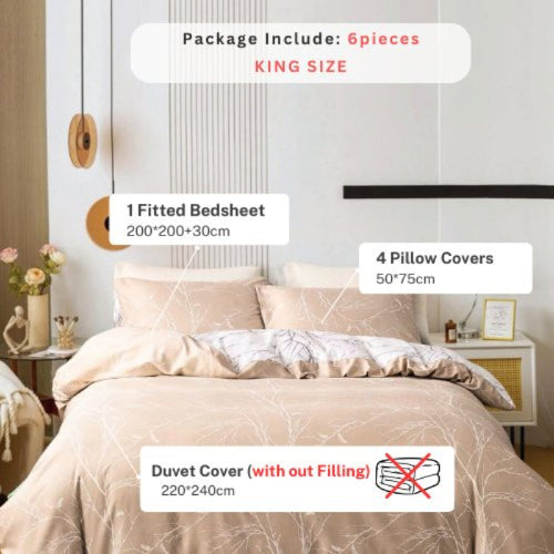 King Size 6 Pieces, Reversible Duvet Cover Set, Pine Brown Color, Twigs Design - BusDeals