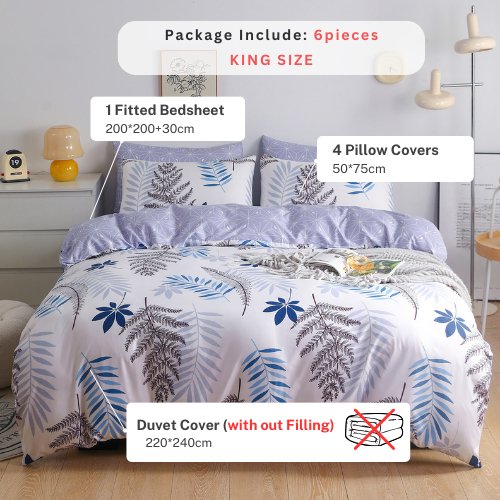 King size 6 pieces, Reversible Duvet Cover Set, with a Lovely Leaf Design. - BusDeals