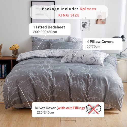 King size 6 pieces without filler, Reversible Design Grey and White Sakura Duvet cover. - BusDeals
