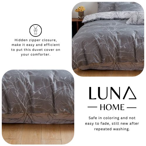 King size 6 pieces without filler, Reversible Design Grey and White Sakura Duvet cover. - BusDeals