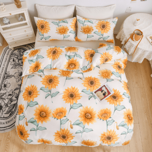 King Size Floral Sunflower Design Beige Duvet Cover Set. - BusDeals