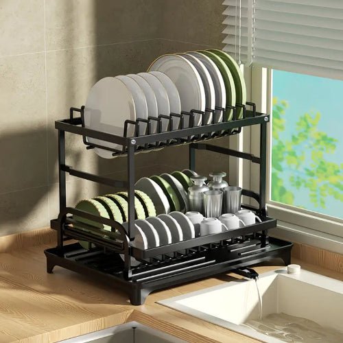 Large Dish Drying Rack Drainboard Set, 2 Tier Stainless Steel Dish Racks Black color. - BusDeals