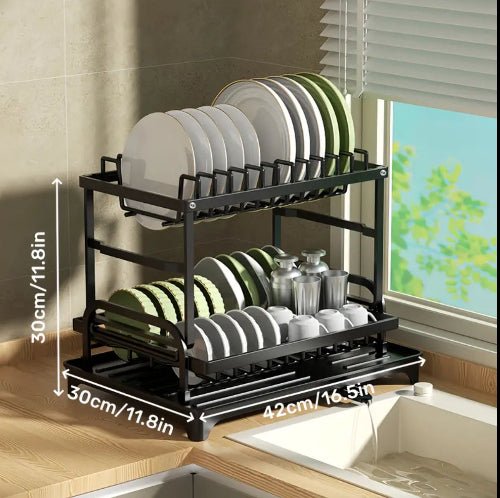 Large Dish Drying Rack Drainboard Set, 2 Tier Stainless Steel Dish Racks Black color. - BusDeals
