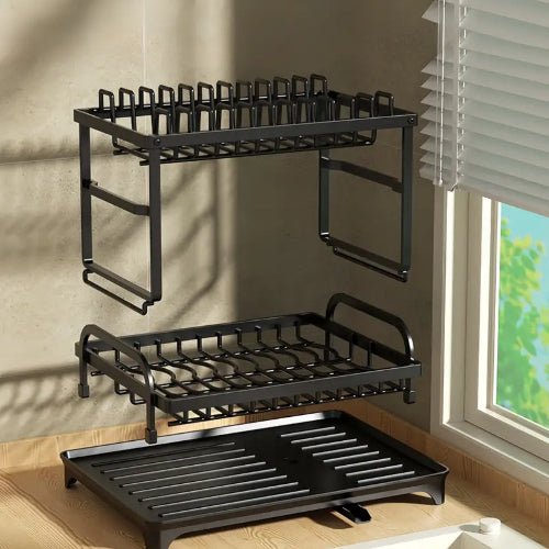 Large Dish Drying Rack Drainboard Set, 2 Tier Stainless Steel Dish Racks Black color. - BusDeals